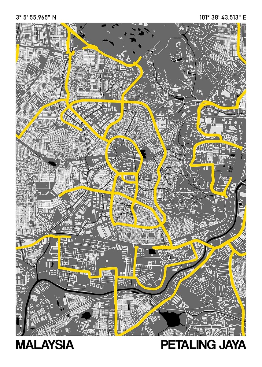 'Petaling Jaya City Street Map' Poster, picture, metal print, paint by ...