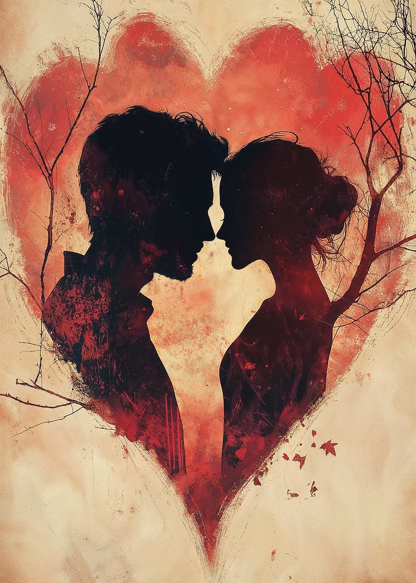 Silhouette Couple in Heart' Poster, picture, metal print, paint by