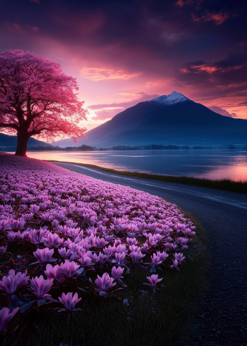 'Pink Sunset Landscape' Poster, picture, metal print, paint by Martin ...