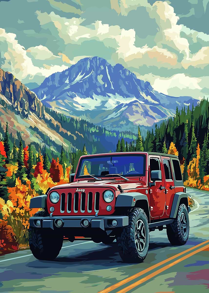 Jeep in Mountain Landscape' Poster, picture, metal print, paint by