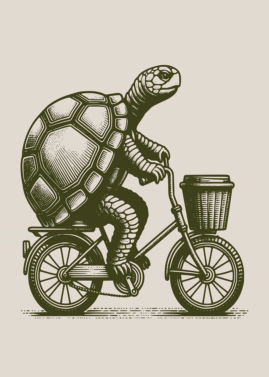 Retro Monochrome Bike Riding Turtle' Poster, picture, metal