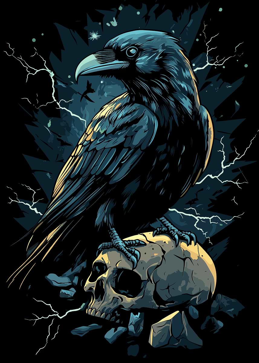 Raven on Skull' Poster, picture, metal print, paint by pixelbull