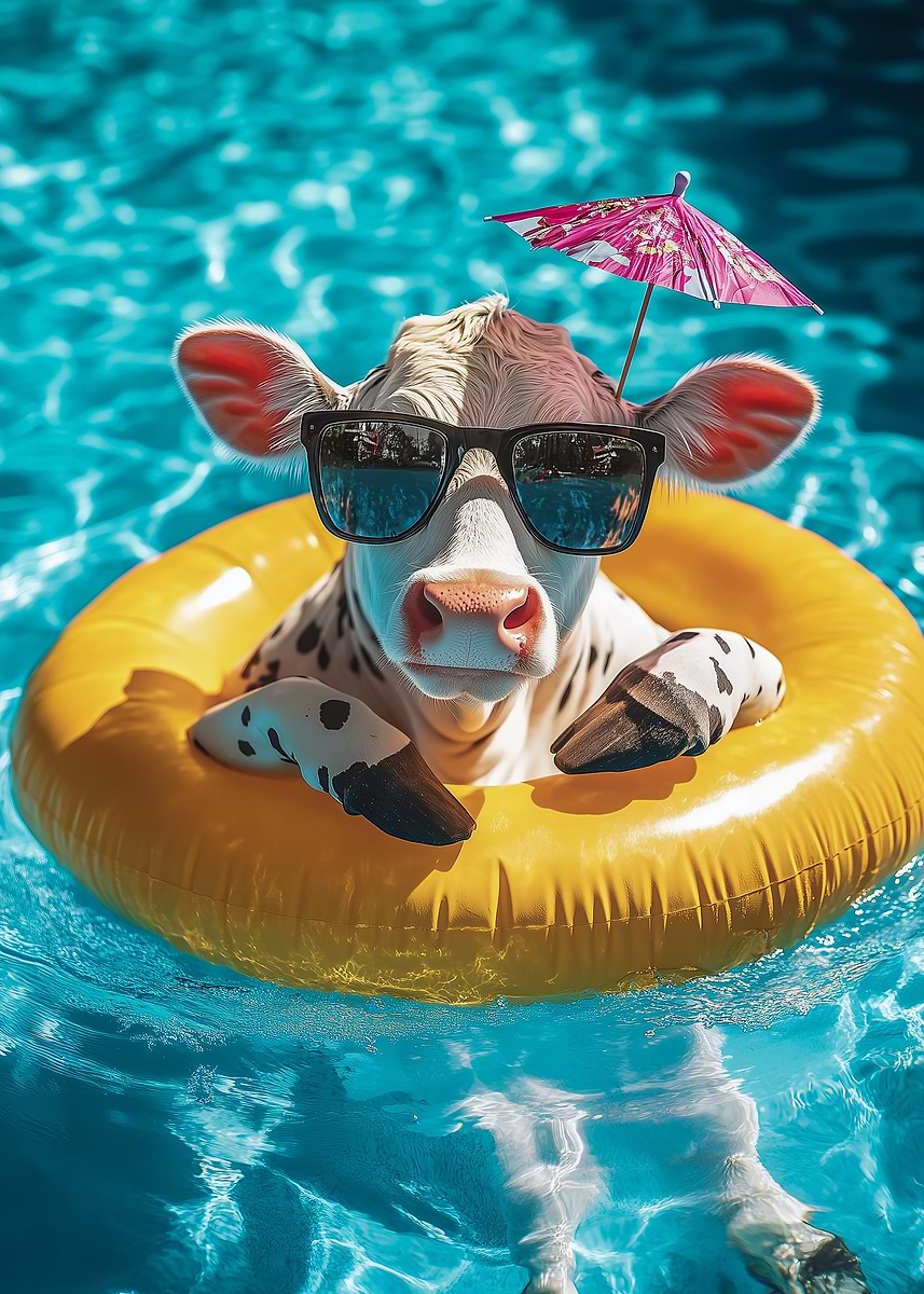 Cow Raft Pool 'Cow in Pool Float' Poster, picture, metal print, paint by ...