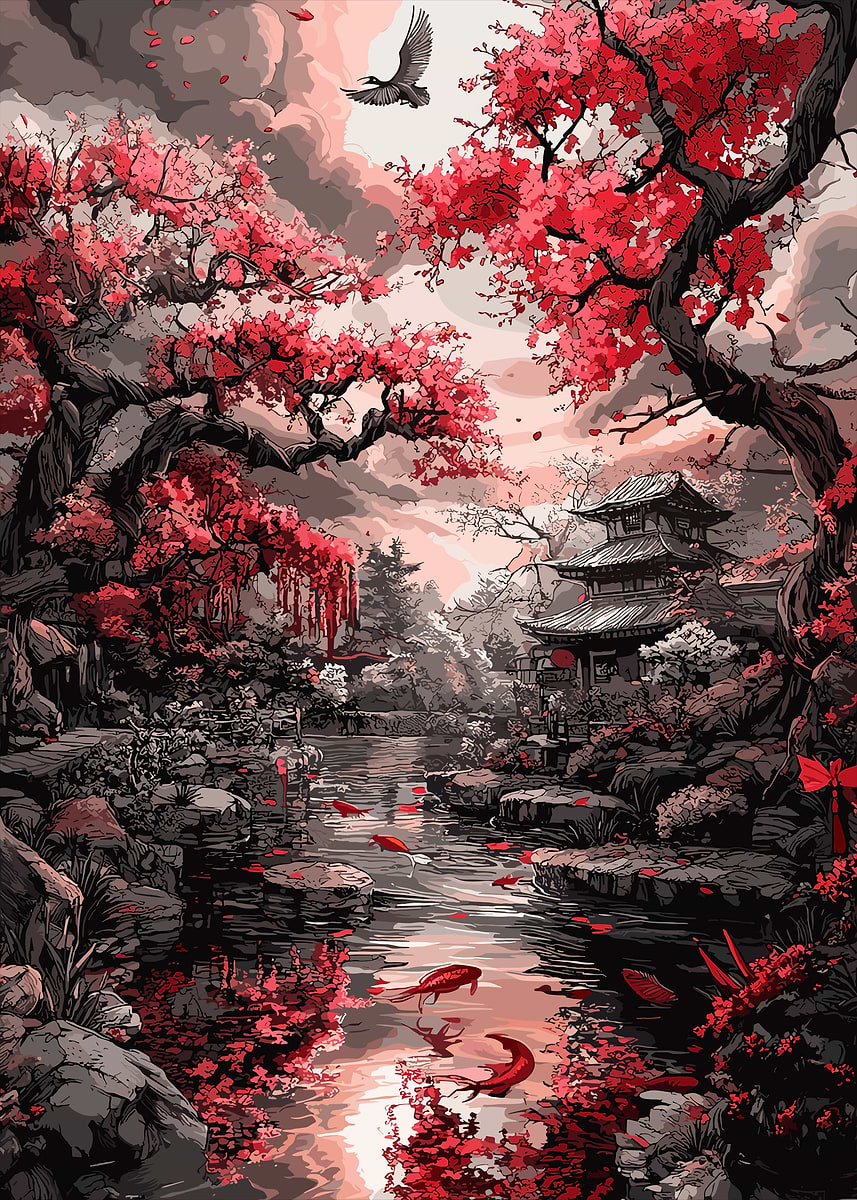 Japanese Garden with Cherry Blossoms' Poster, picture, metal print