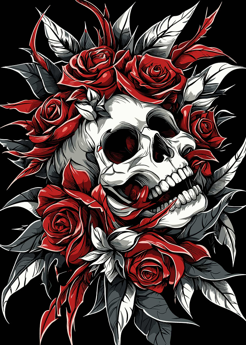 Skull with Roses' Poster, picture, metal print, paint by pixelbull