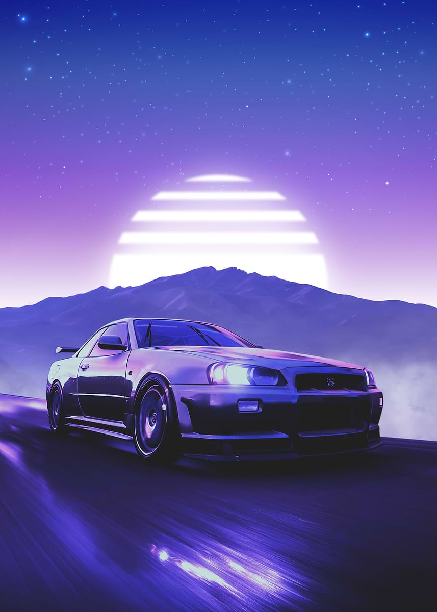 Nissan Skyline R34 Synthwave' Poster, picture, metal print, paint