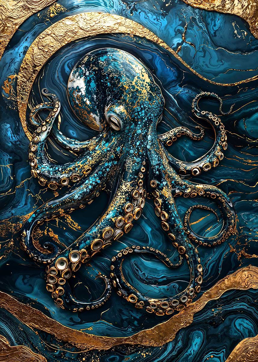 Golden Secrets of the Deep Art — from the Abstract Nature Kintsugi collection, a Pixaverse metal print