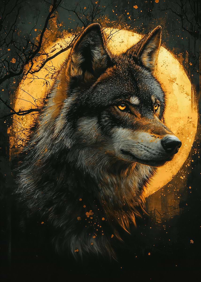 Alpha Wolf Under Full Moon' Poster, picture, metal print, paint by