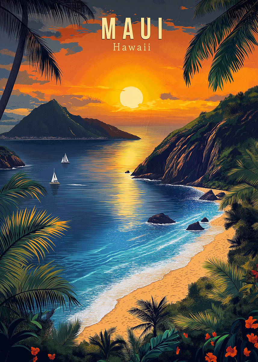 Maui Sunset Hawaii Travel Poster' Poster, picture, metal print