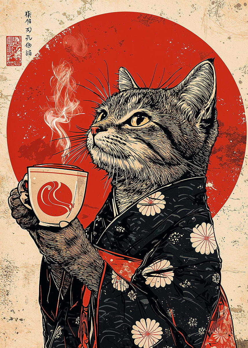 Cat in Kimono with Tea' Poster, picture, metal print, paint