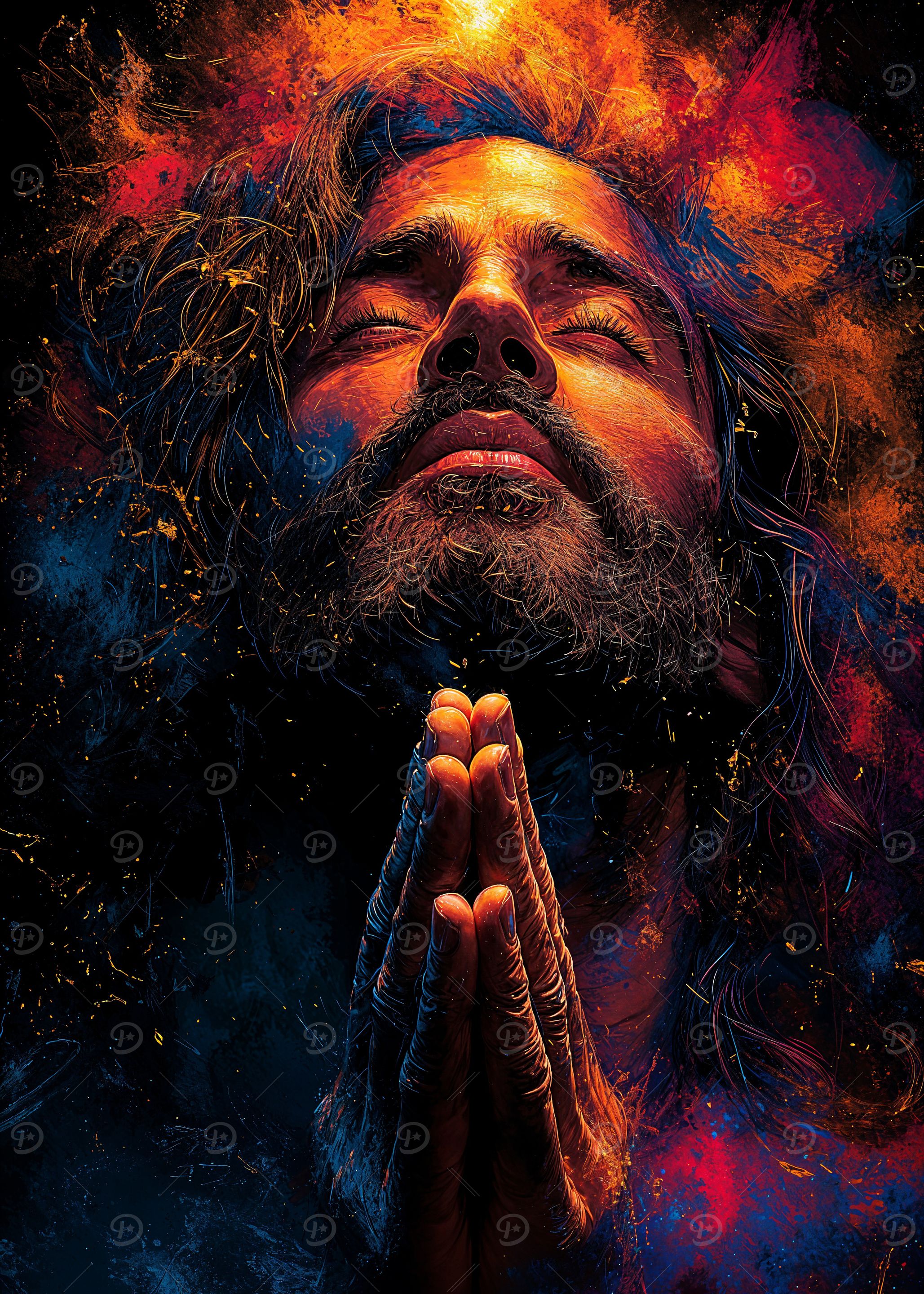 Praying Jesus in Colorful Light' Poster, picture, metal print