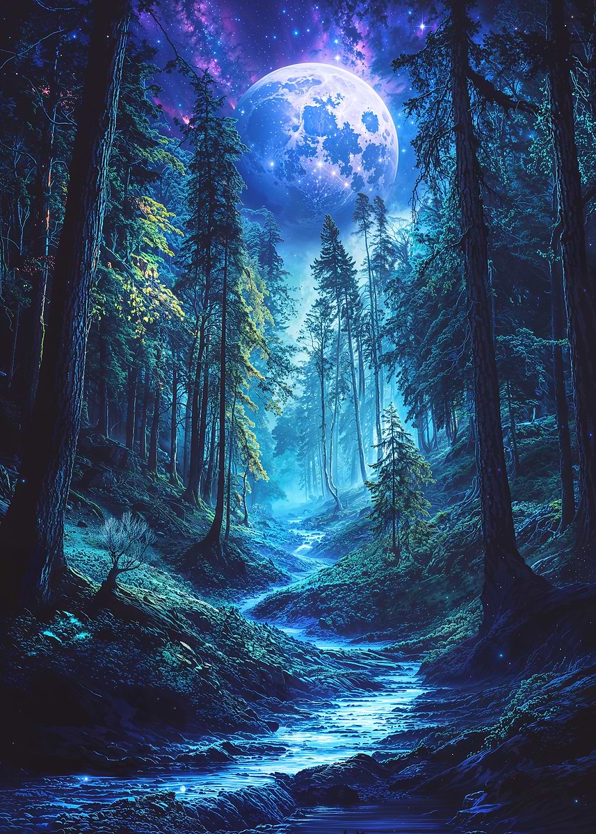 Stream of the Lunar Forest — from the Alien Worlds collection, a Pixaverse metal print