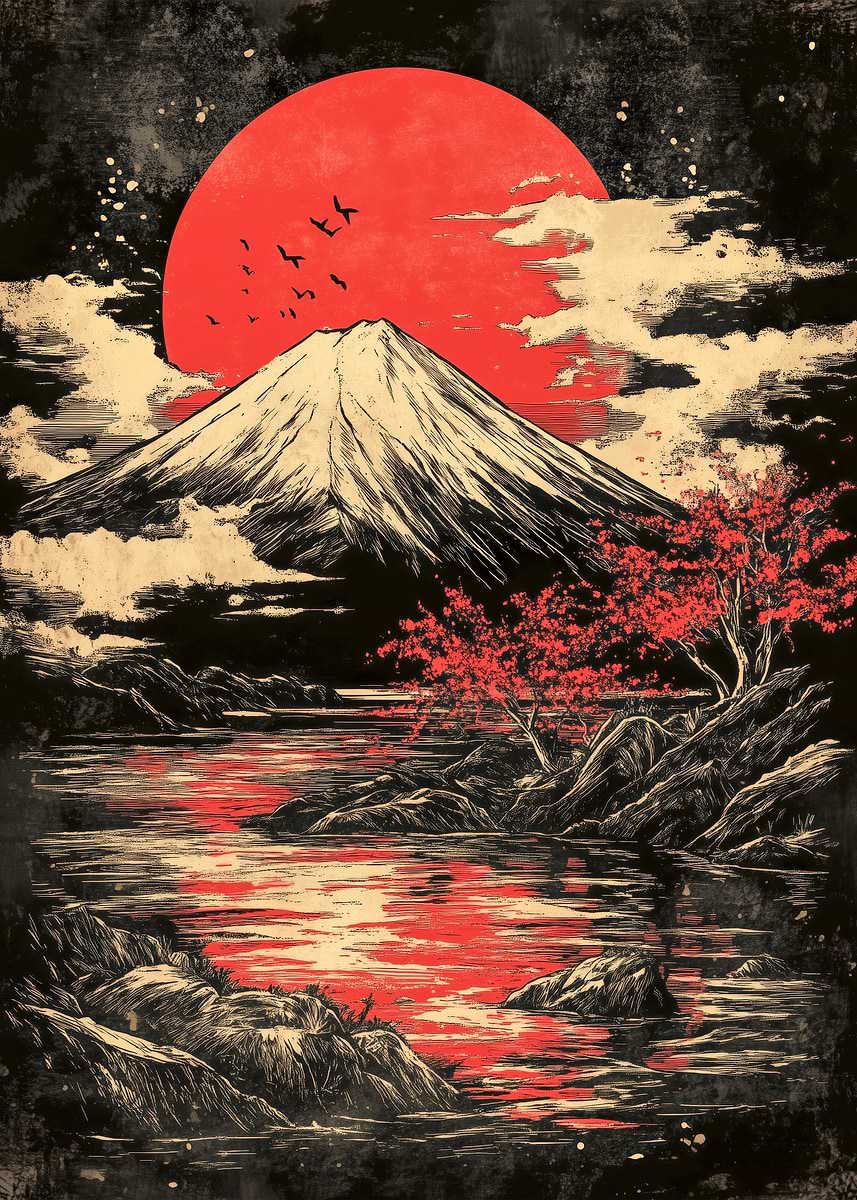 Mount Fuji Sunset' Poster, picture, metal print, paint by indra