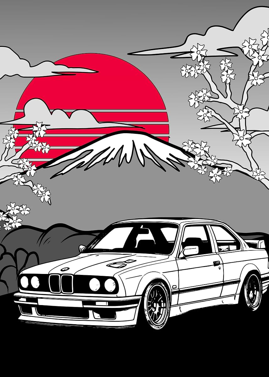 BMW E30 Japan Sunset' Poster, picture, metal print, paint by