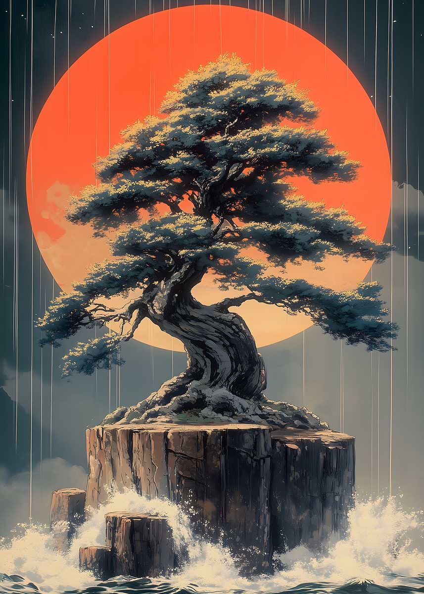Bonsai Tree Under Red Moon Japanese Landscape' Poster, picture