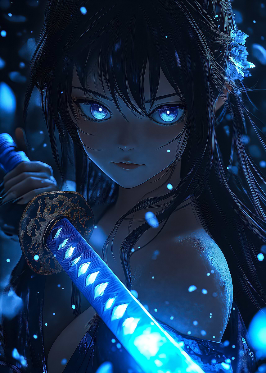 Anime Girl with Blue Katana' Poster, picture, metal print, paint