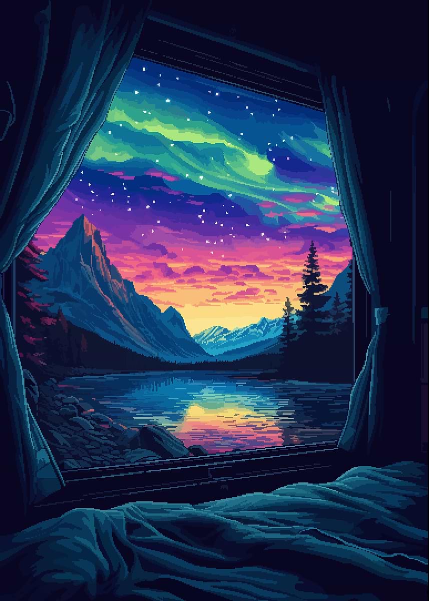Retro Pixel Art Aurora Mountain Lake Camping View' Poster, picture