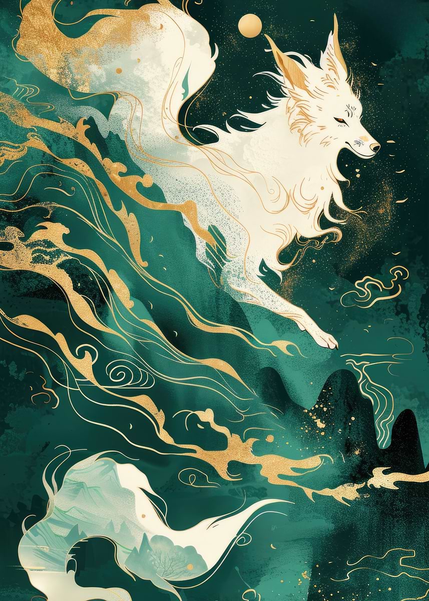 White Kitsune Fox in Green Mist' Poster, picture, metal print
