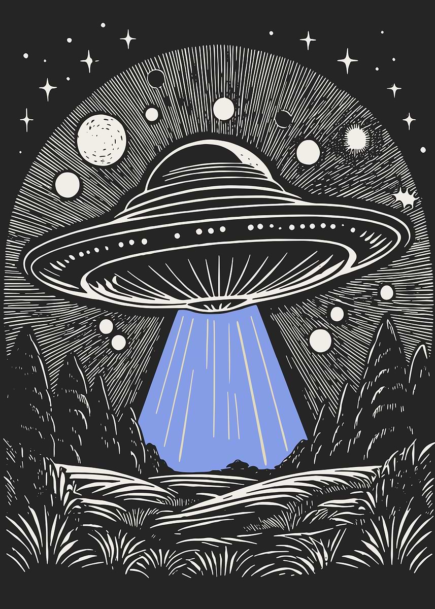 絵画 UFO UFO Over ForestVintage UFO Encounter in Starry Night Sky