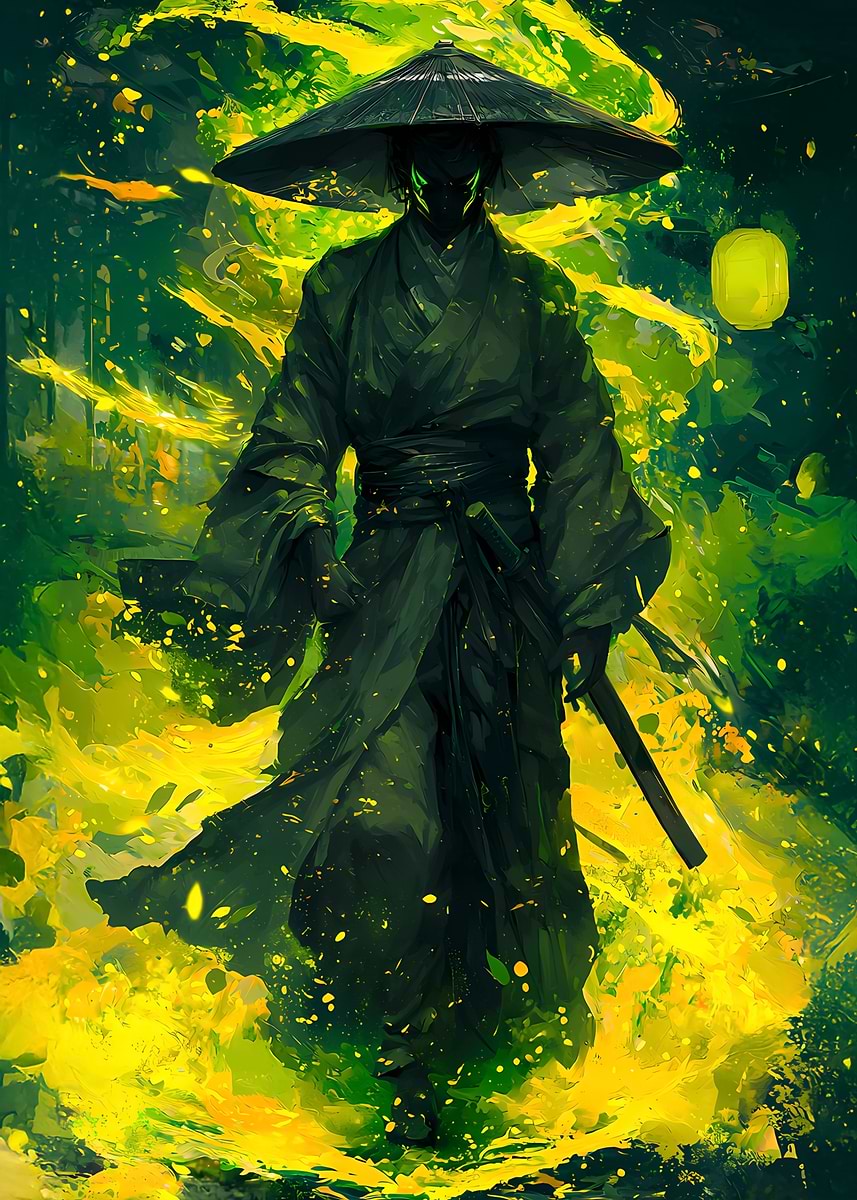 Samurai in Green Flames' Poster, picture, metal print, paint by