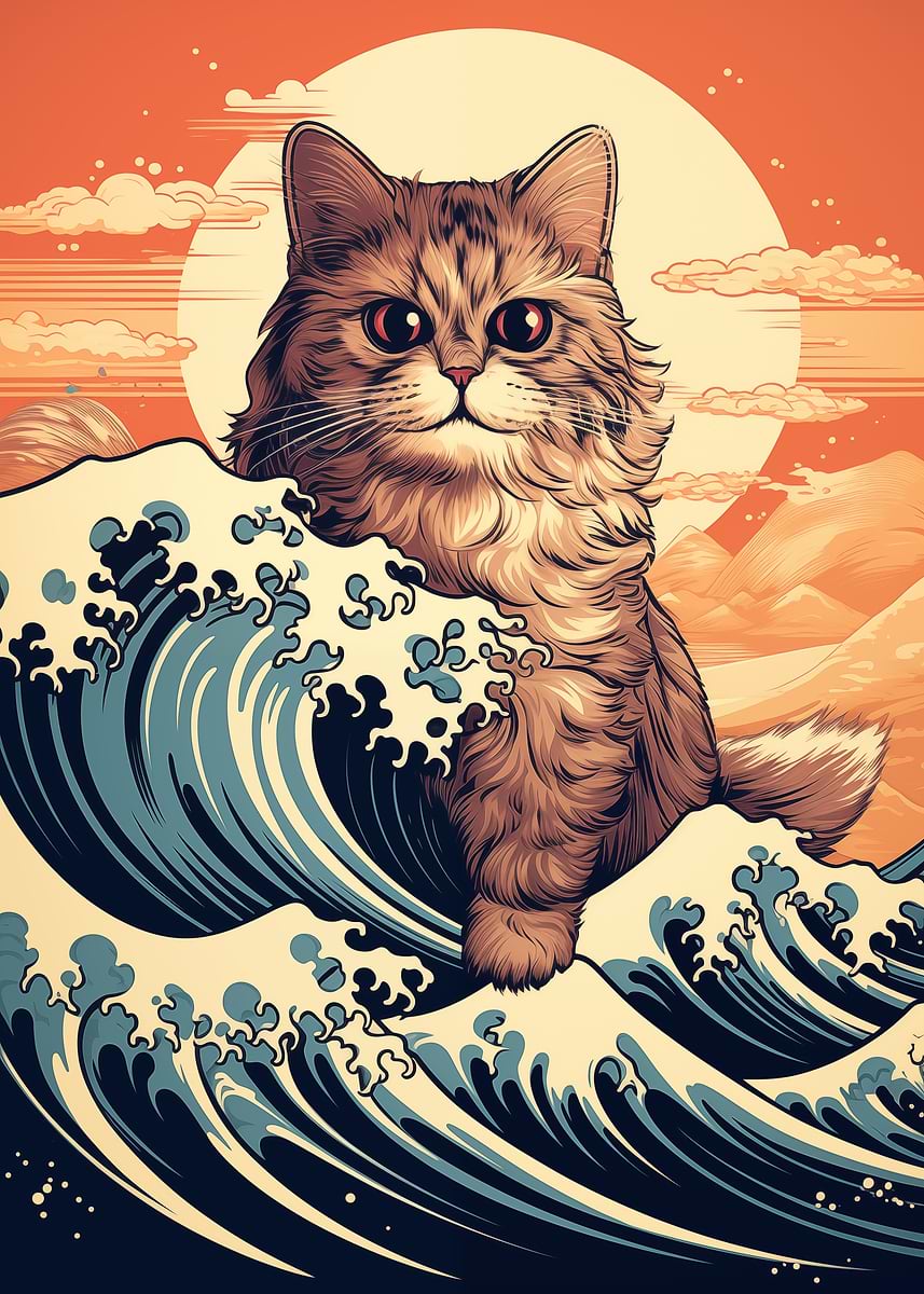 'Cat Riding Wave' Poster, picture, metal print, paint by Conor | Displate