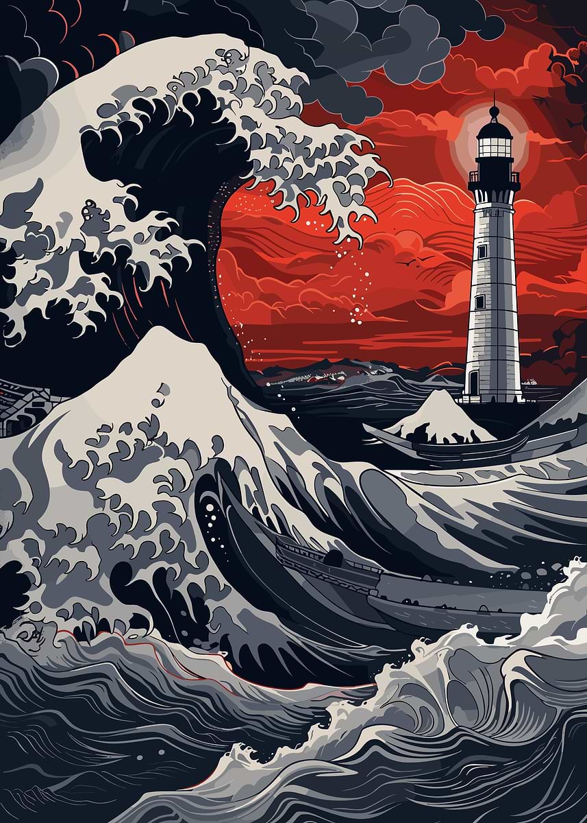 Weatherlight Promotional Poster ウェザーライト Lighthouse in a Strom great wave' Poster, picture, metal print