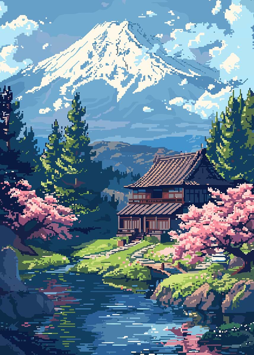 Mount Fuji Pixel Art' Poster, picture, metal print, paint by Mesh