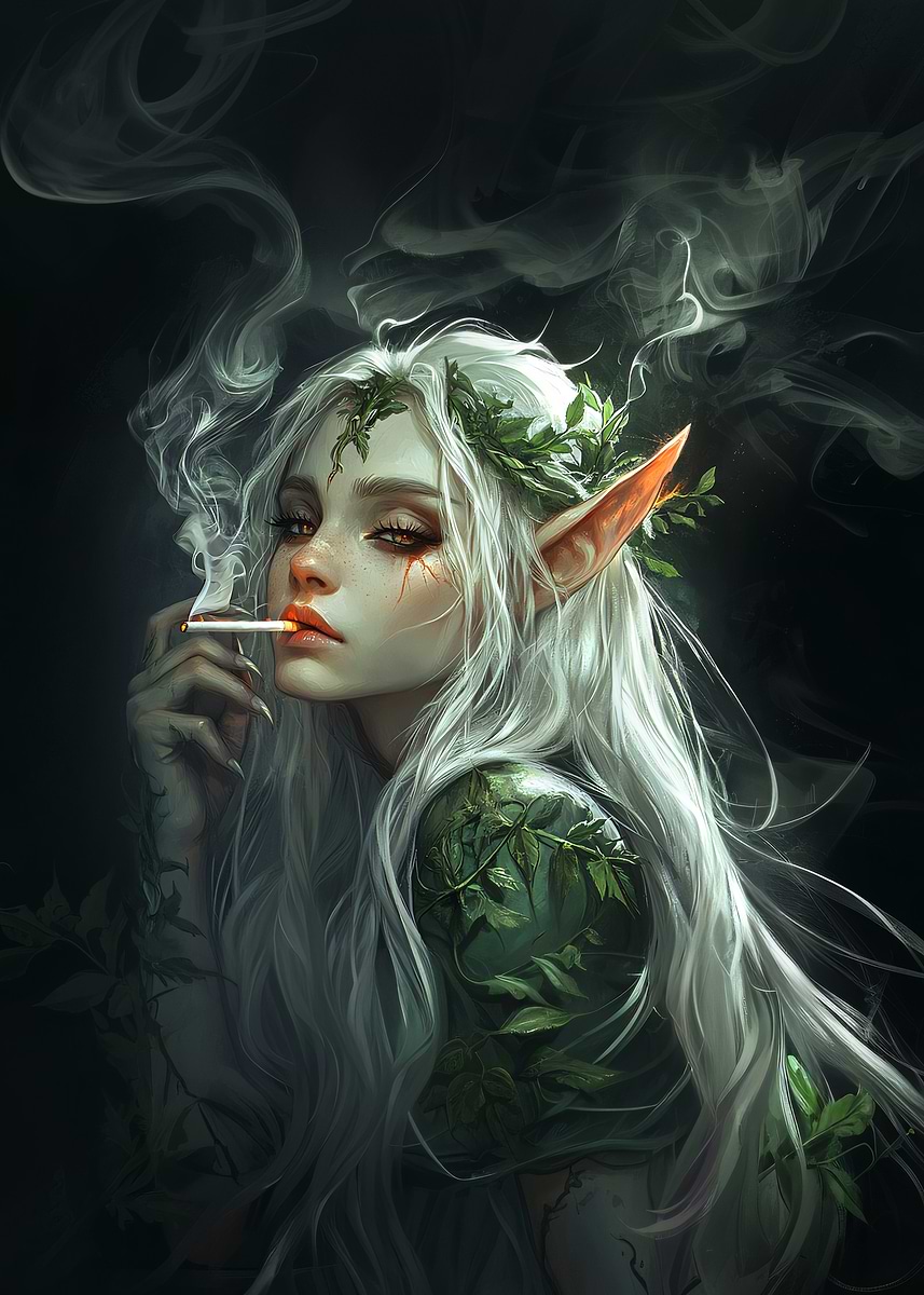 elf with cigarette Buddy, the Will Ferrell drinking and smoking at a game Elven Woman Smoking' Poster, picture,