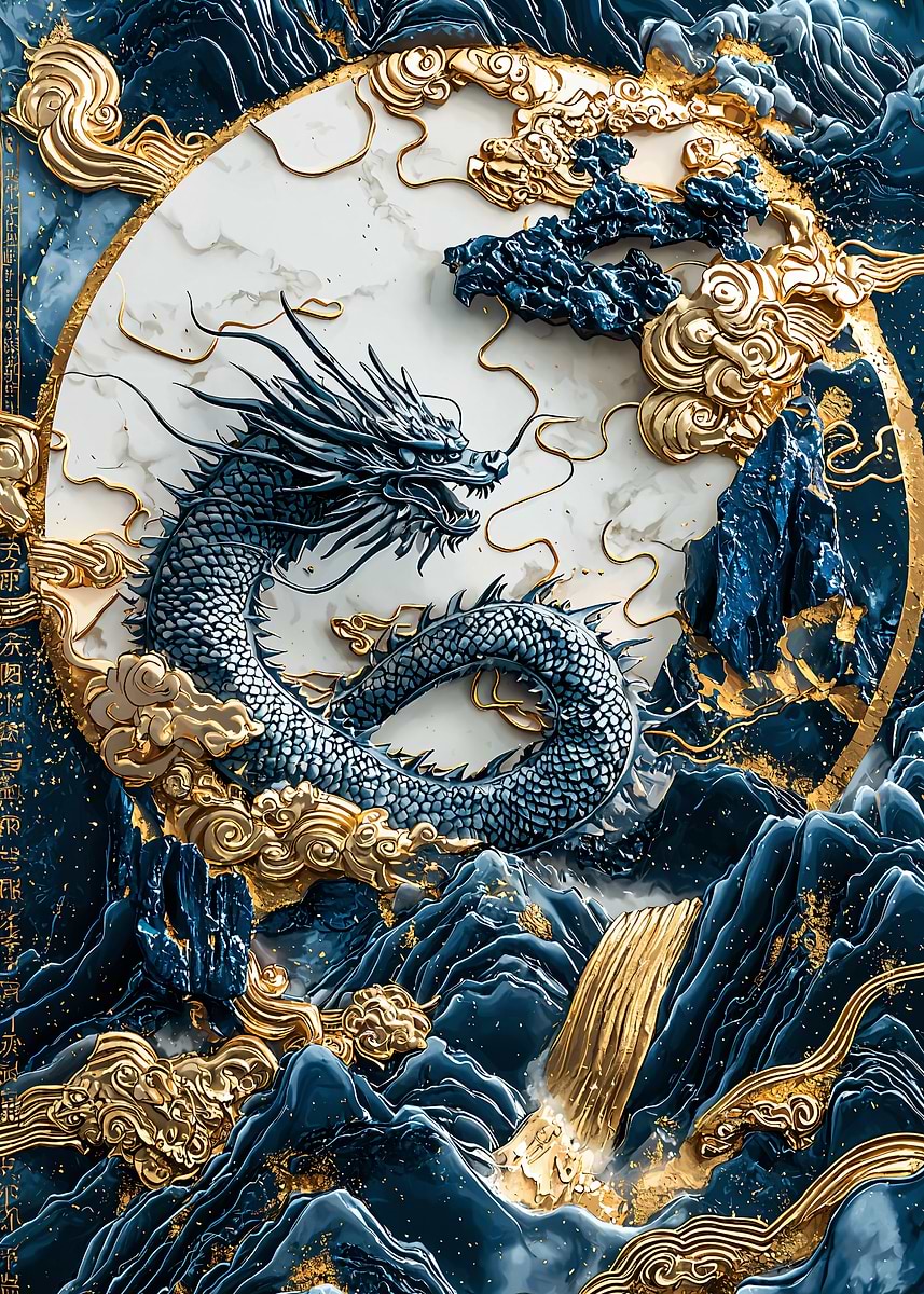 'Blue Dragon & Gold Clouds' Poster, picture, metal print, paint by ...
