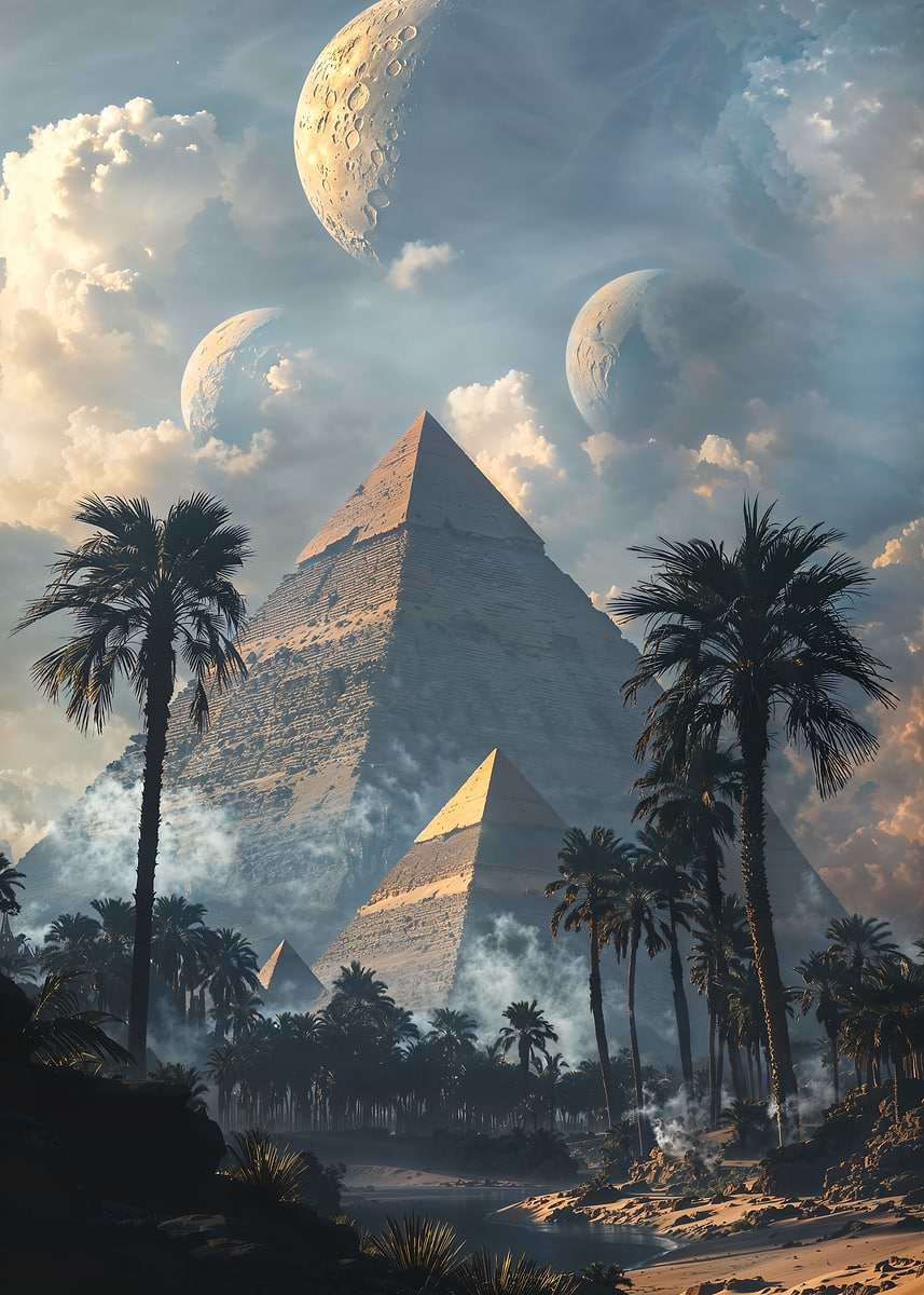 Trinity of the Ancients — from the Alien Worlds collection, a Pixaverse metal print