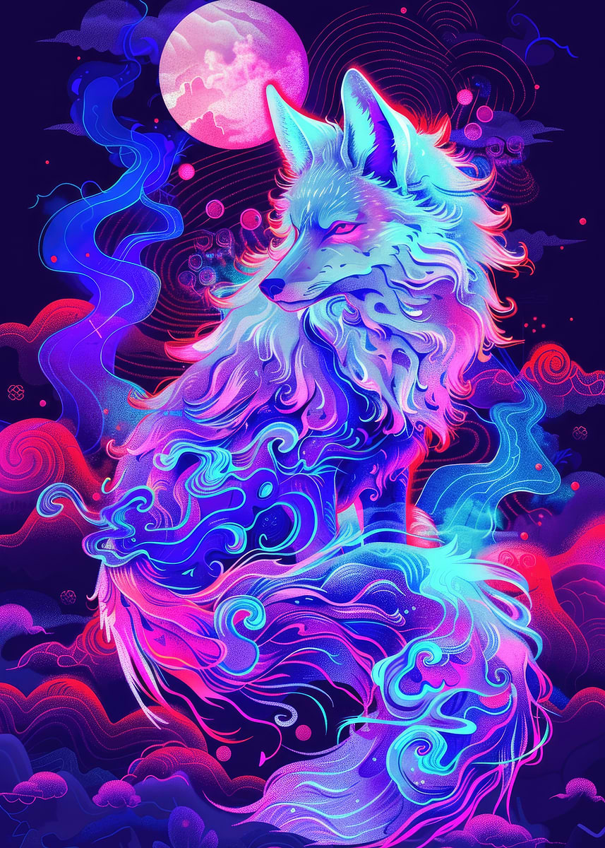 Neon Kitsune Fox in Clouds' Poster, picture, metal print, paint by