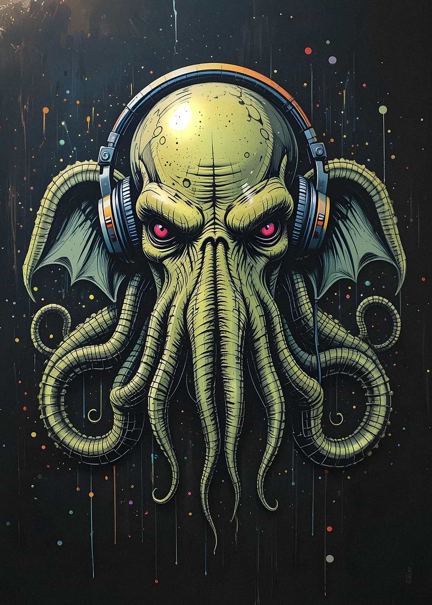 Street Art Cthulhu with Headphones' Poster, picture, metal print