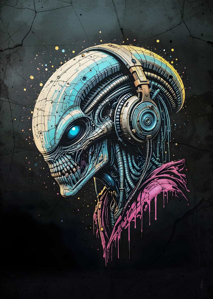 'Street Art Cyberpunk Alien with Headphones' Poster, picture, metal ...
