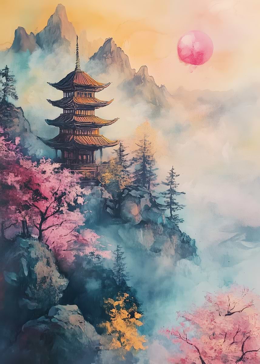 Japanese Pagoda in Misty Mountain' Poster, picture, metal print
