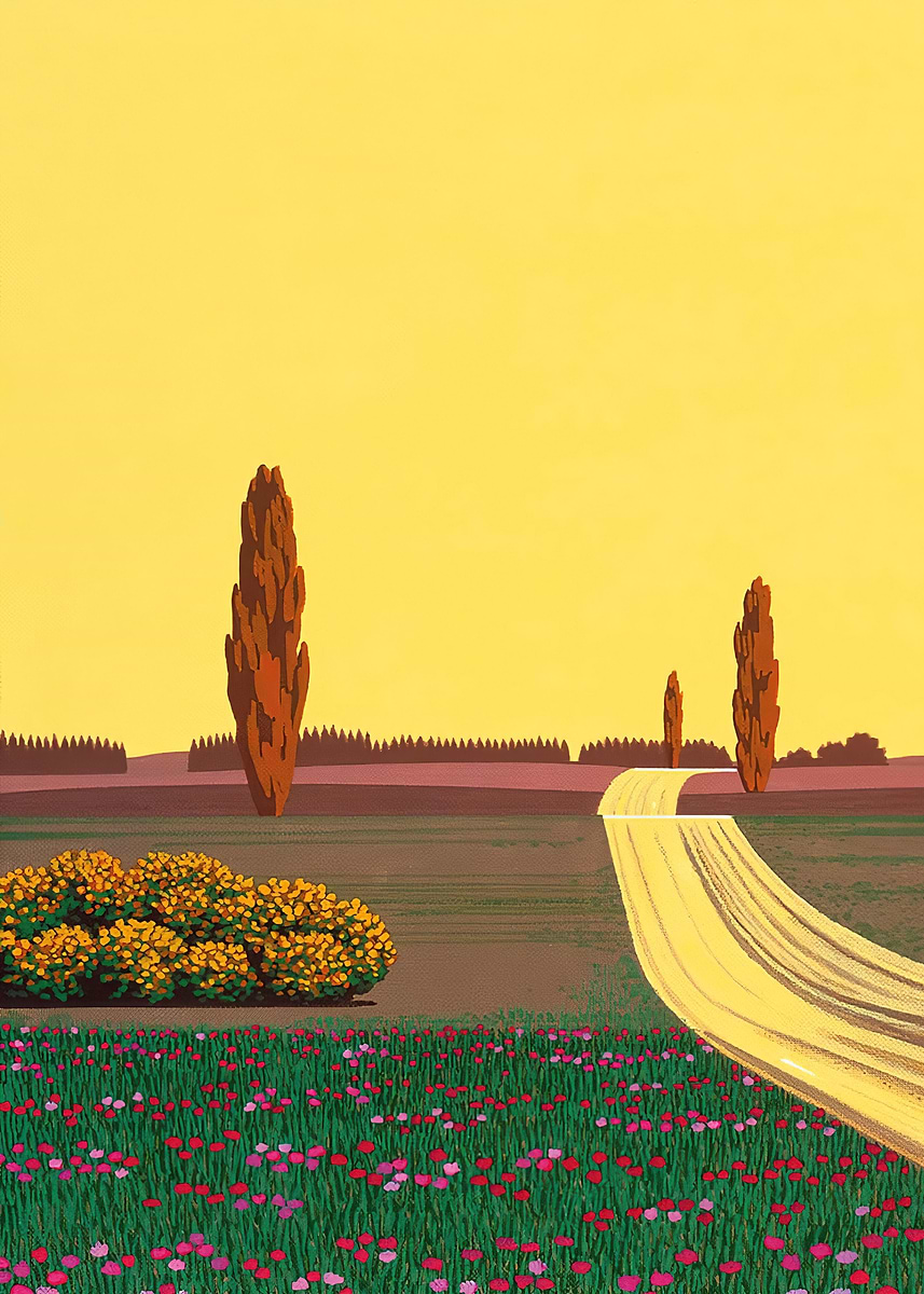 Hiroshi Nagai Yellow Road Through Fields' Poster, picture, metal