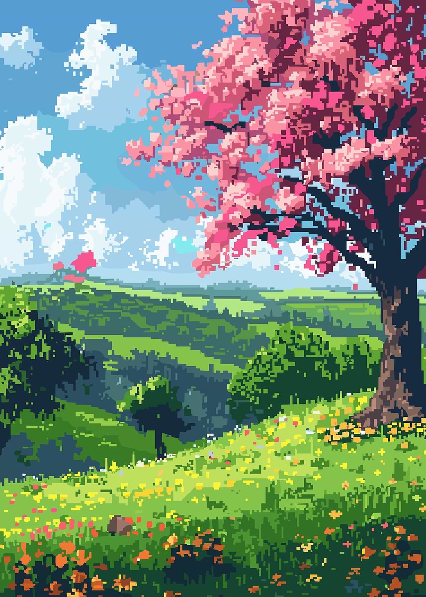 Spring Landscape Pixel Art' Poster, picture, metal print, paint by