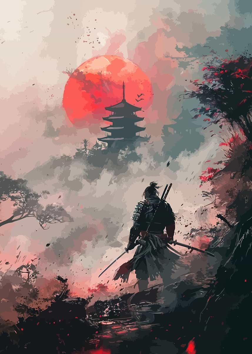 Samurai and Pagoda' Poster, picture, metal print, paint by Stena