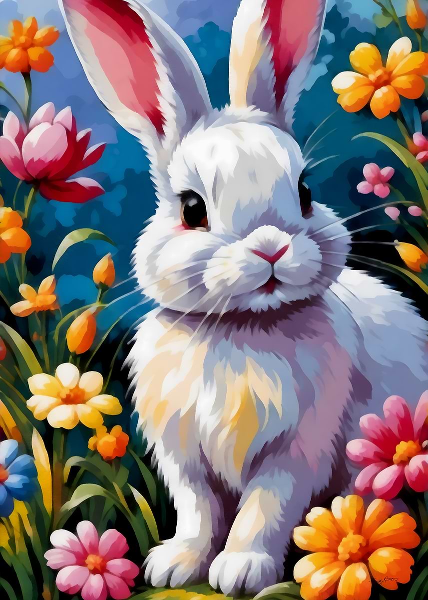 'Adorable White Bunny Surrounded by Vibrant Flowers Spring Painting ...