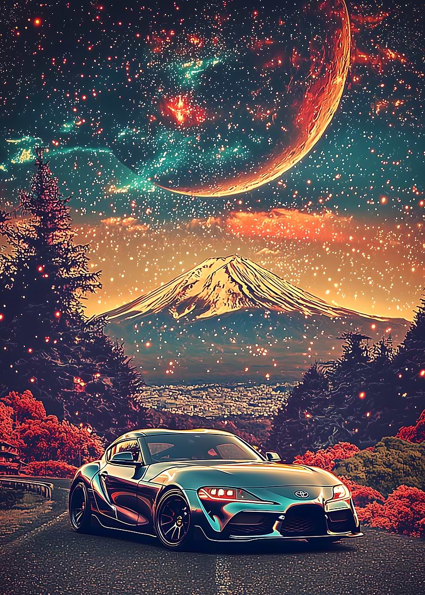 Toyota Supra & Mount Fuji Cosmic Japan' Poster, picture, metal