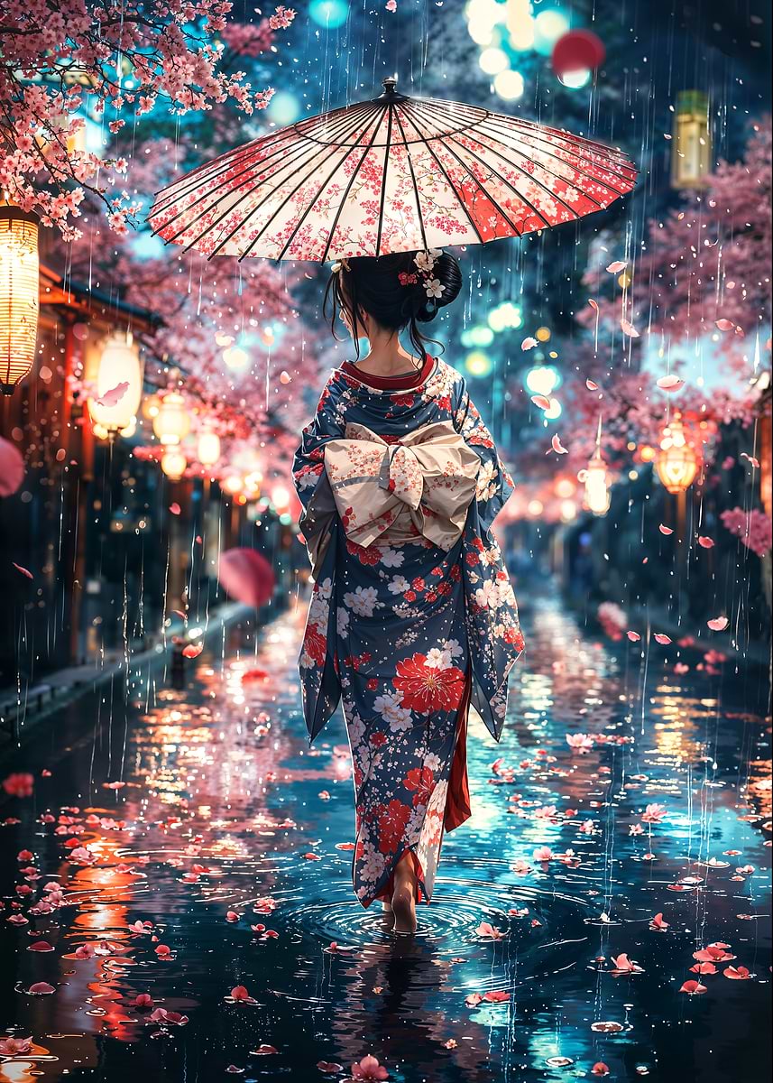 Through the Rain, She Blooms — from the Soul Of Japan collection, a Pixaverse metal print