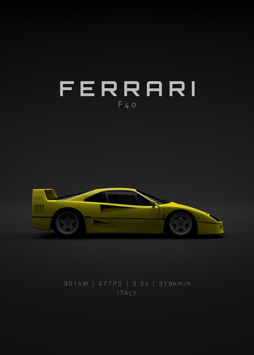 Yellow Ferrari F40 1992 - Specs' Poster, picture, metal