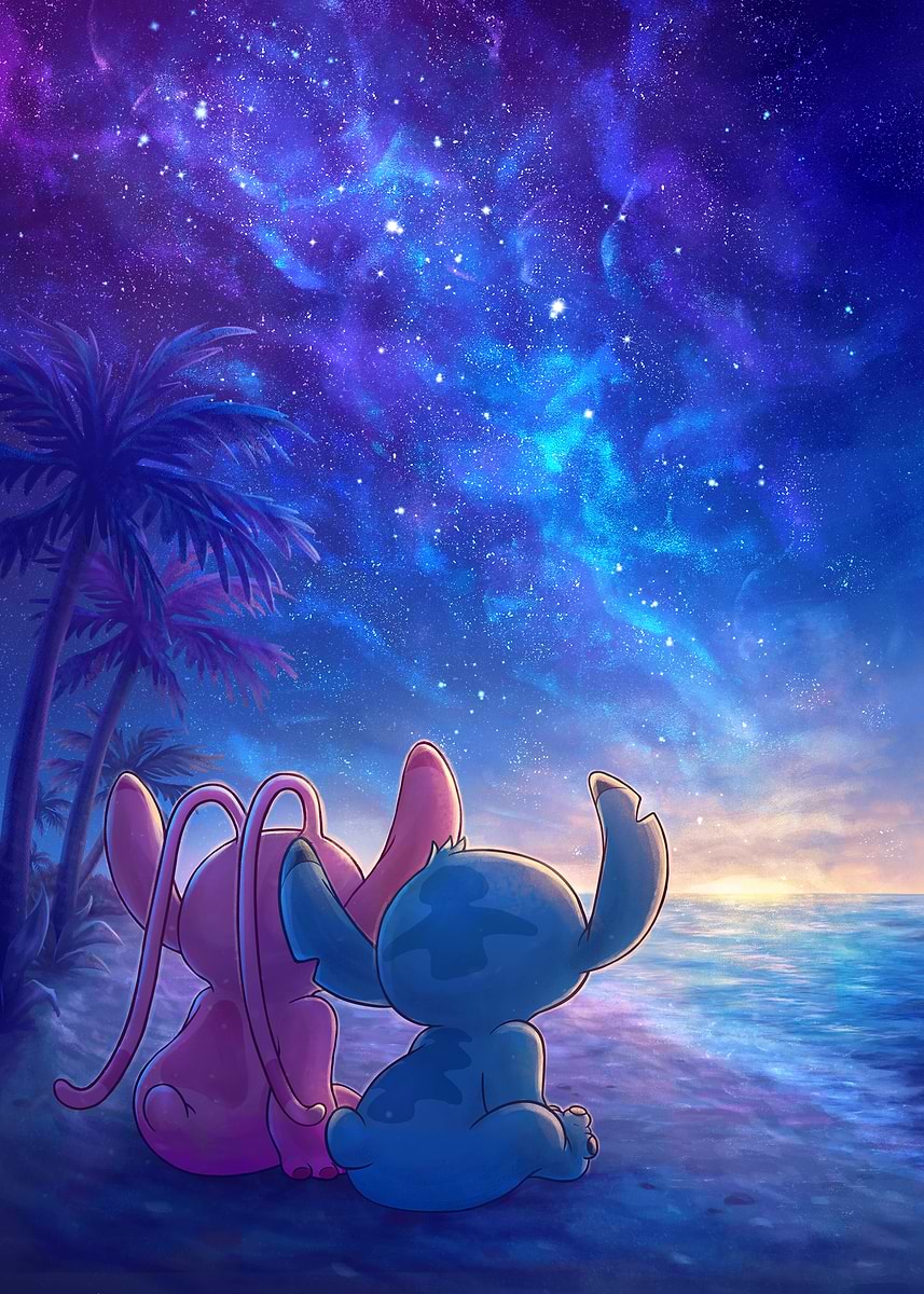 Officially licensed Disney Stitch metal poster features Lilo & Stitch characters, Stitch and Angel, sitting on a beach at night, gazing up at a vibrant, star-filled sky.