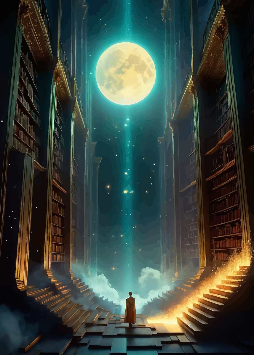 'Moonlit Library' Poster, picture, metal print, paint by DUMBROS | Displate