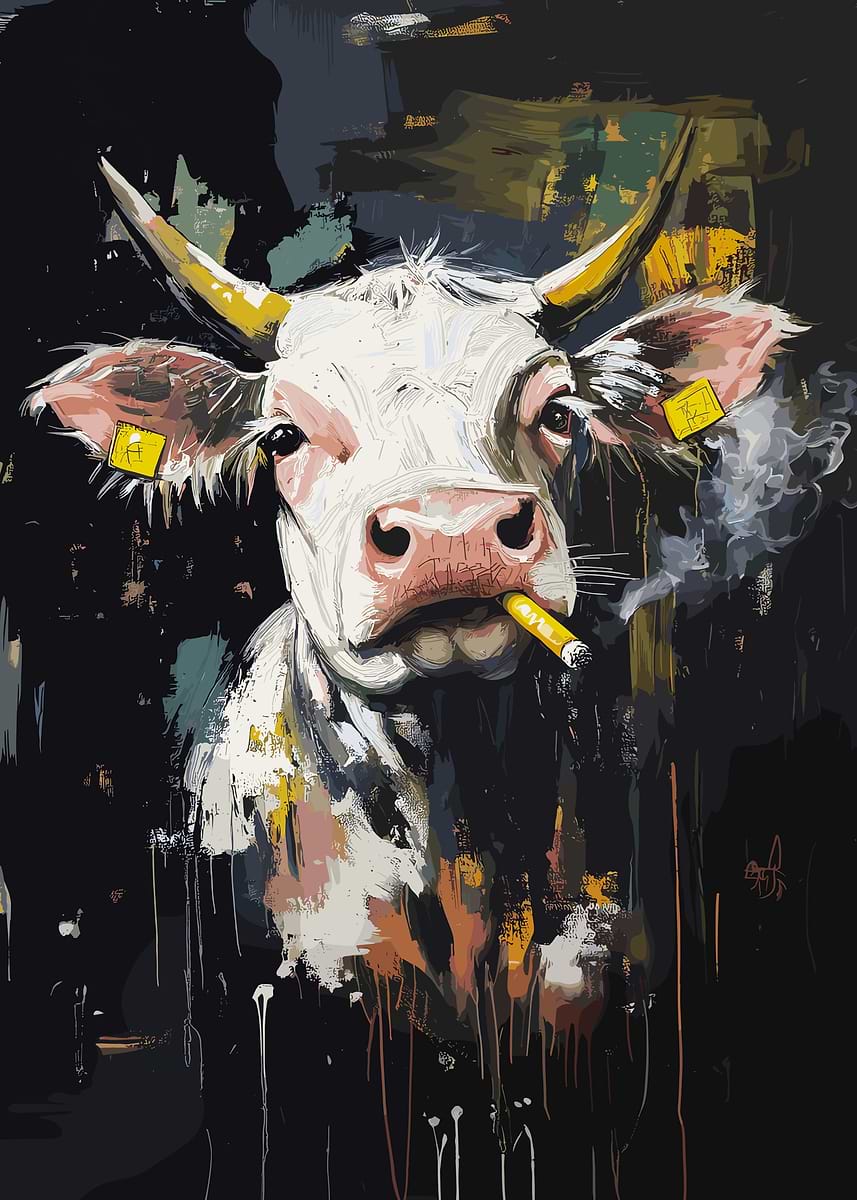 Smoking Cow Art' Poster, picture, metal print, paint by Omar Kanan