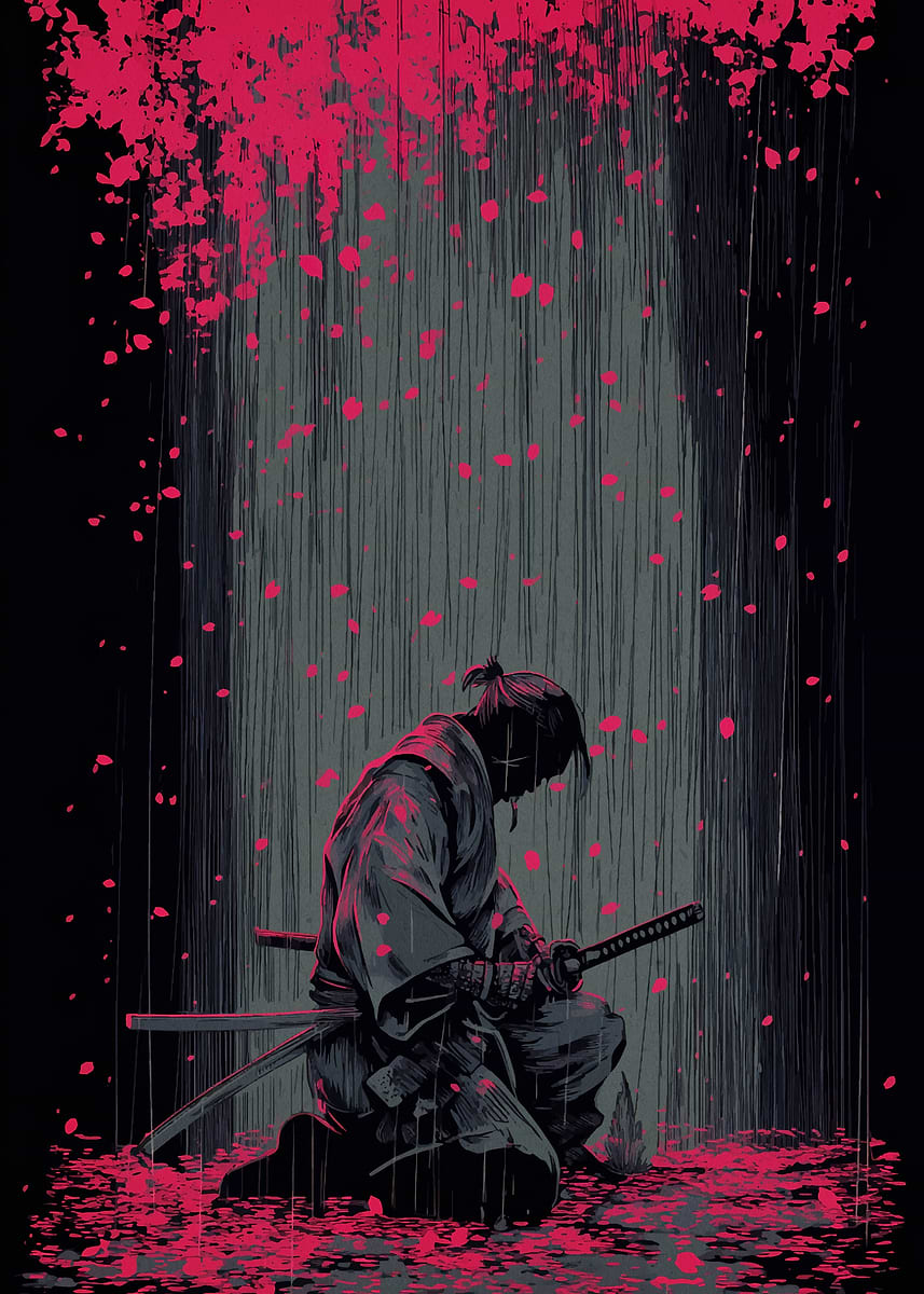 Samurai in the Rain' Poster, picture, metal print, paint by Japan