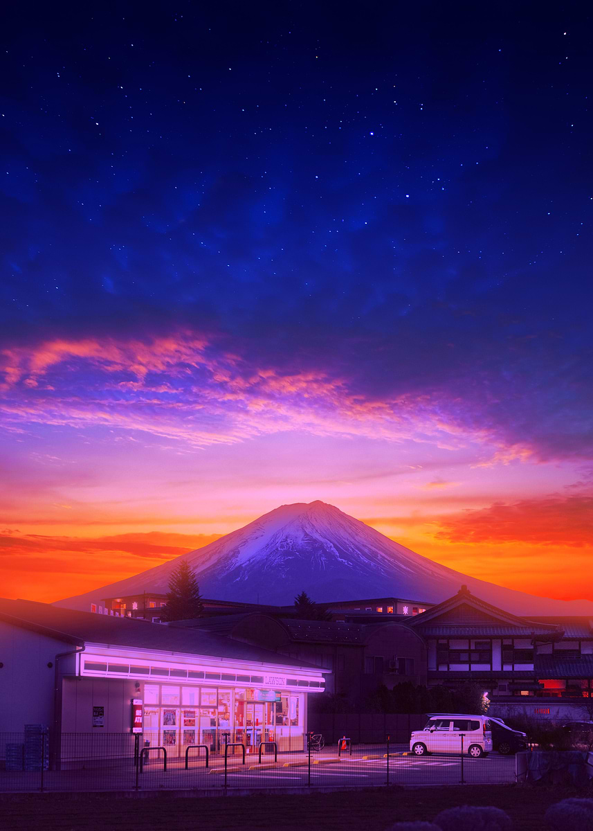 Mount Fuji at Sunset with Lawson Store' Poster, picture, metal