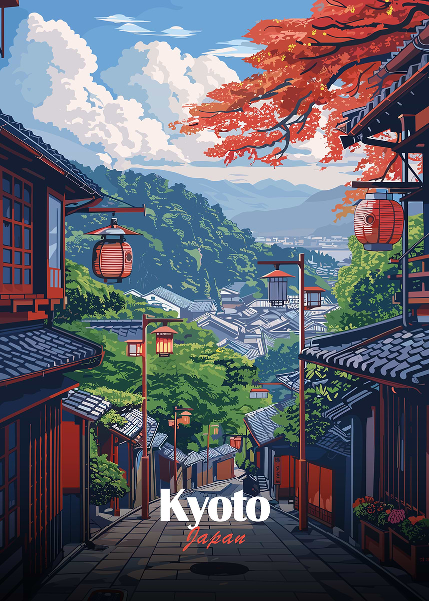 Kyoto Japan Street View Illustration' Poster, picture, metal print