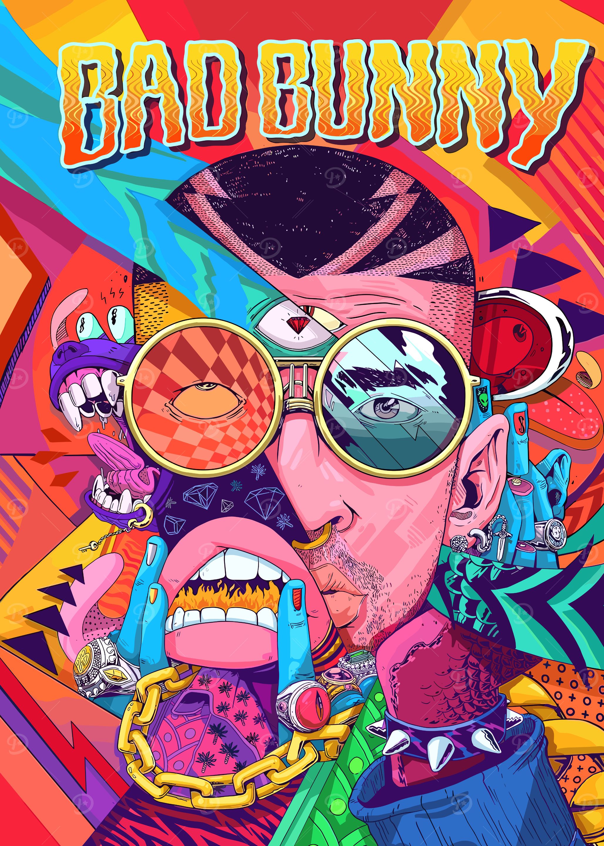 Bad Bunny Colorful Pop Art Portrait' Poster, picture, metal print