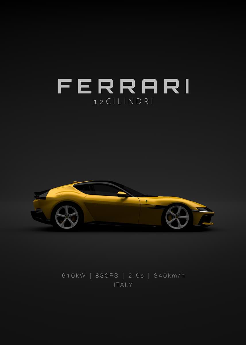 額縁 Displate YellowFerrari Limited Poster Specs 2025 Ferrari 12Cilindri Yellow ' Poster, picture