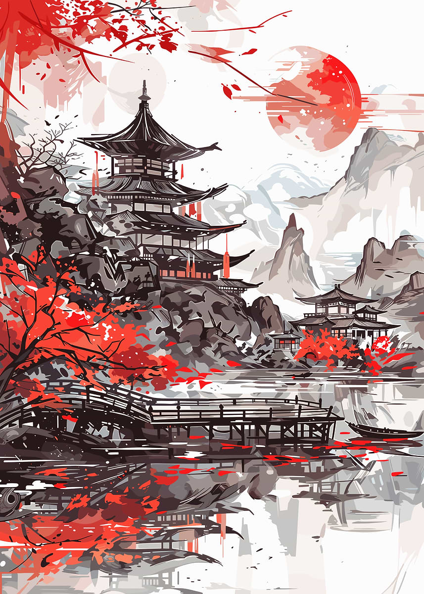 Japanese Temple Landscape' Poster, picture, metal print, paint by